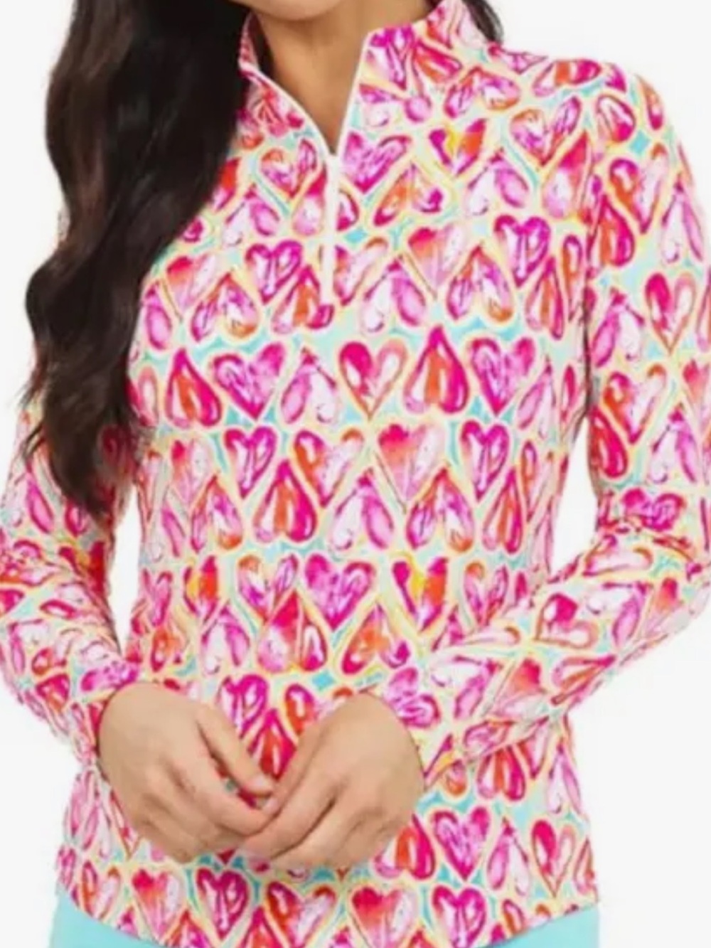 IBKUL Audrey Mock Neck 1/4 zip Heart Print Long Sleeve UPF 50+ XS